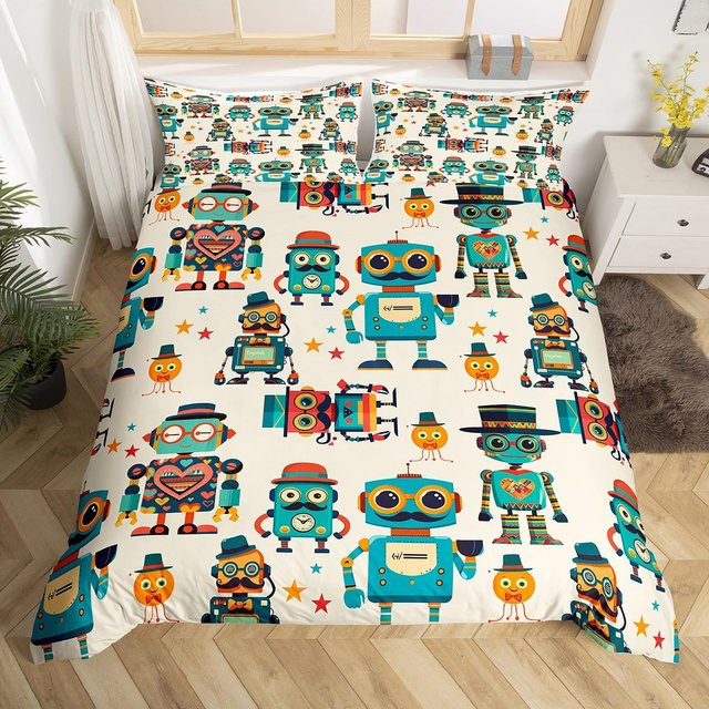 Flylo Bettwäsche Set Cartoon Roboter Aquarell Design für Kinder, B/B: 135 x 200 cm, Mehrfarbig - Bild 1