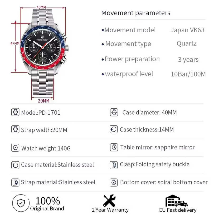 PAGANI DESIGN Chronograph, Quarz, Edelstahl, Schwarz Rot, Herren - Bild 6