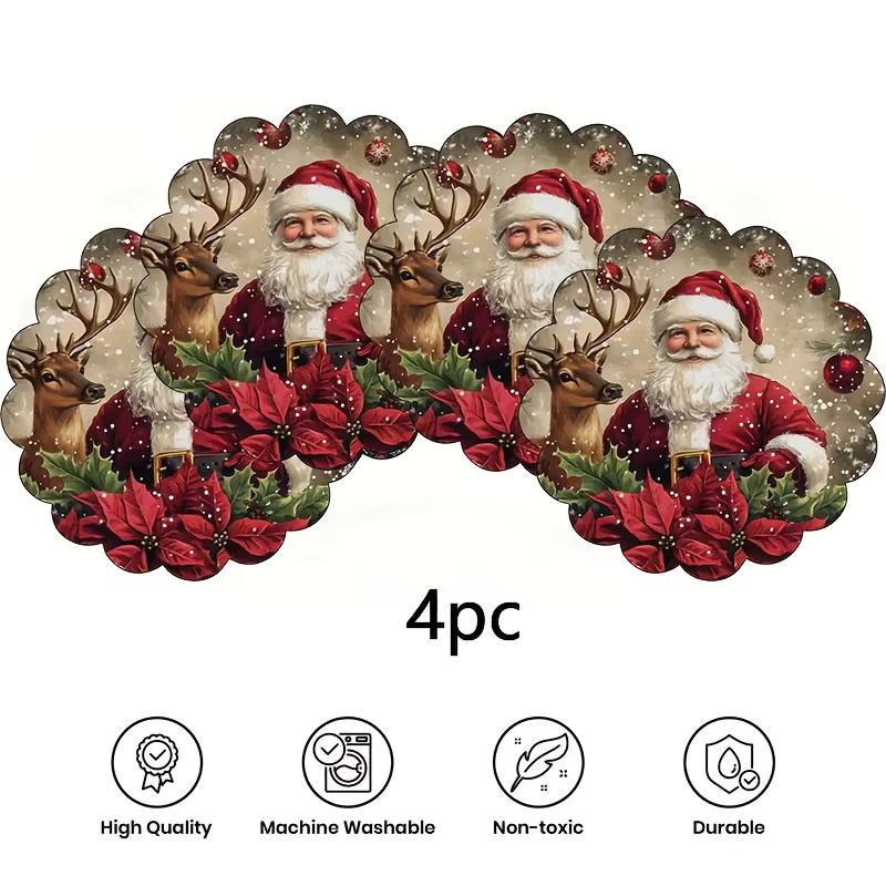 VIKAMA 4er Set Weihnachts Tischsets aus Leinen mit Weihnachtsmann und Rentier Motiv in Rot Grün Weiß - Bild 3