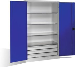 C+P Schwerlastschrank mit Drehtüren, 4 Böden und 3 Schubladen, Korpus Lichtgrau, Front Enzianblau, H x B x T: 195 x 120 x 50 cm - Bild 1