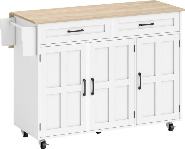 HOMCOM Kücheninsel mit klappbarer Arbeitsfläche und Rollen in Weiß, B/T/H: 129 x 72 x 90,5 cm - Bild 1