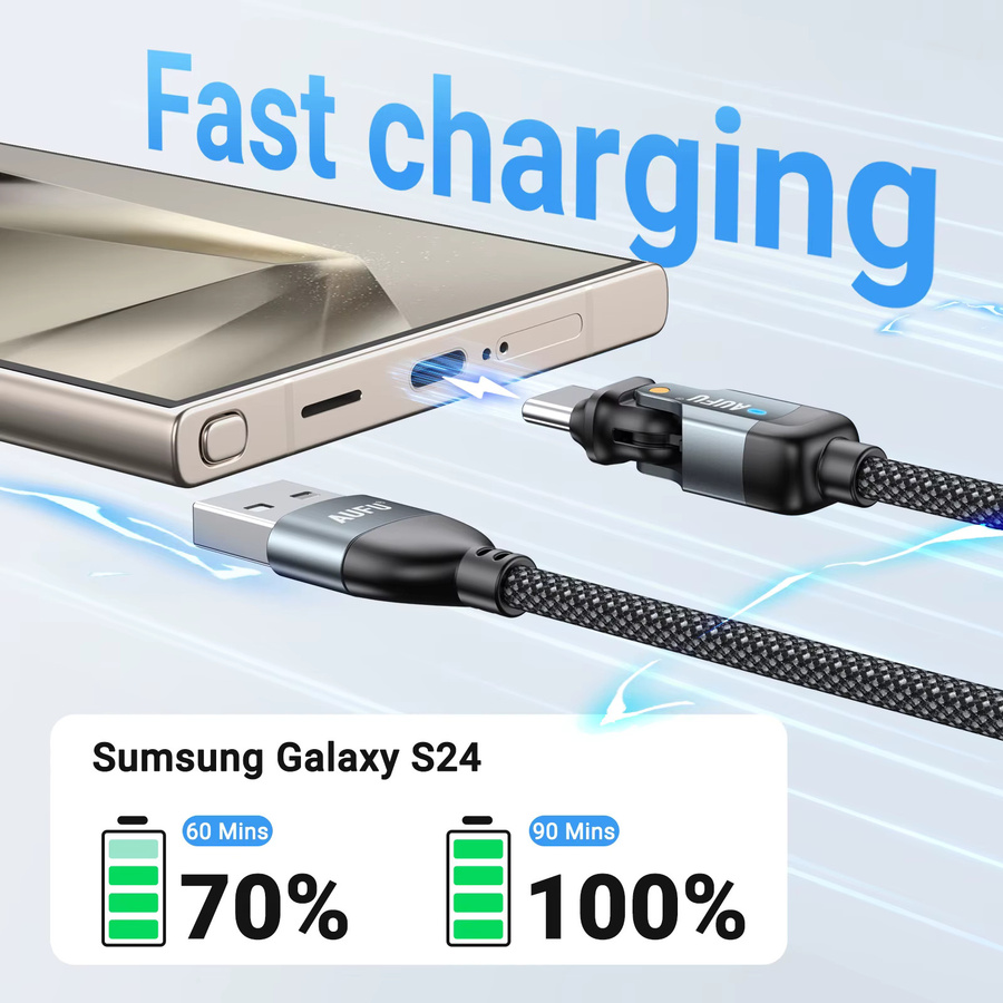 AUFU 180 Grad drehbares USB-C-Kabel in Schwarz, 5A Schnellladekabel und Datenkabel mit USB-A auf USB-C Anschluss für Xiaomi POCO und Samsung S21 S20 - Bild 2