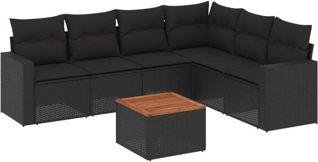 vidaXL 7-teilige Garten-Sofagarnitur in L-Form aus schwarzem Poly-Rattan mit Kissen und Akazienholz - Bild 1
