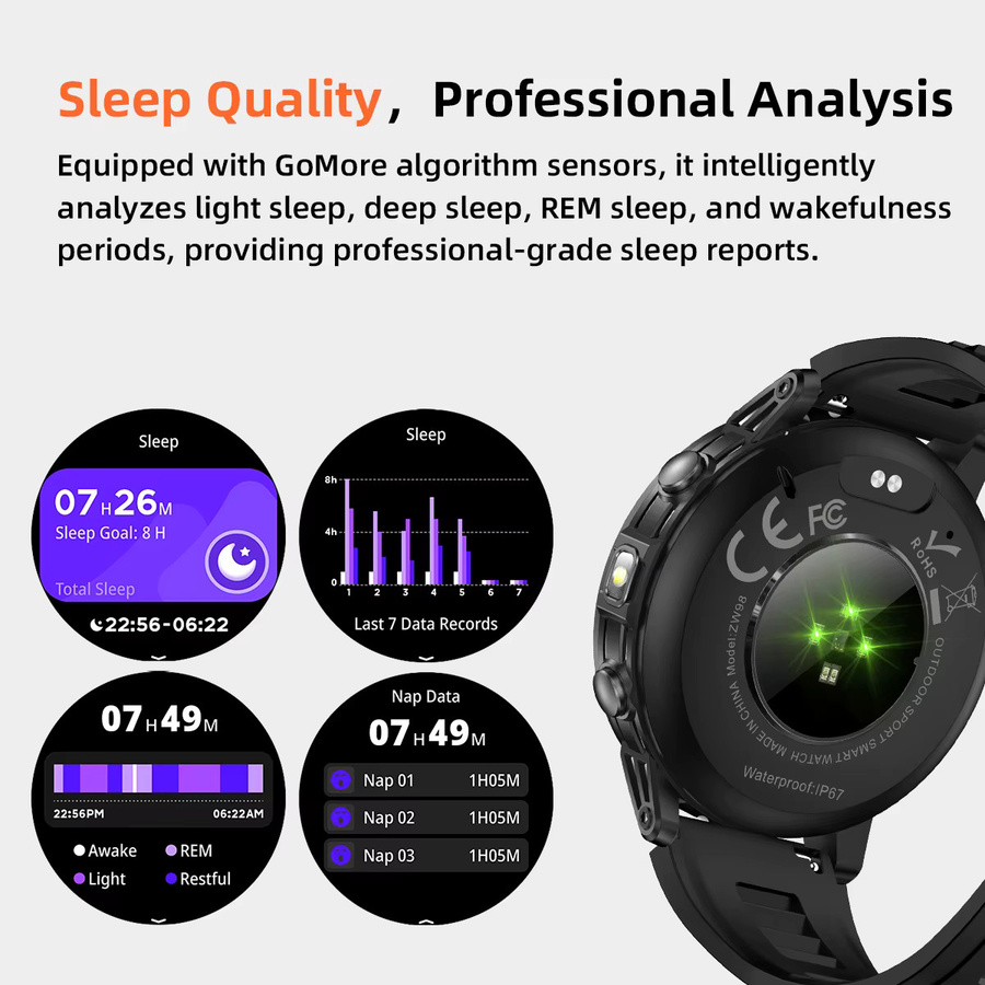 SIMSONLAB Militär-GPS-Smartwatch für Herren mit 1,53 Zoll AMOLED-Bildschirm, 10ATM Wasserdicht, SOS-Anruf und Taschenlampe, Schwarz - Bild 4