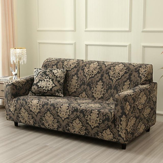 Elastischer Stretch-Sofabezug mit Blumendruck in Braun für 3-Sitzer, Breite: 190-230 cm - Bild 1