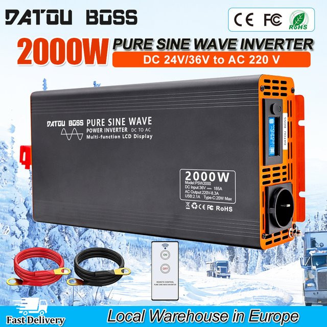 DATOUBOSS Sinus-Wechselrichter 2000W 36V / 24V DC auf AC 220V 230V Spannungswandler mit AC-USB-Buchse und LCD-Fernbedienung für Wohnmobile und LKW - Bild 1