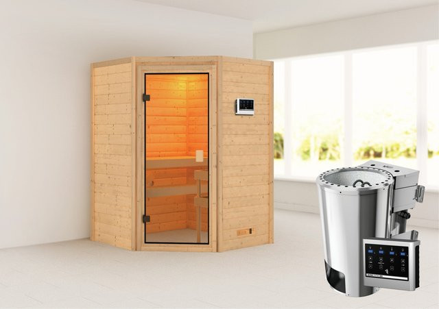 Karibu Massivholzsauna Antonia Bio-Kombisauna aus Fichte mit 3,6 kW BioKombiofen und externem Steuergerät, Farbe: Natur/Braun, B/T/H: 145 x 145 x 187 cm - Bild 1