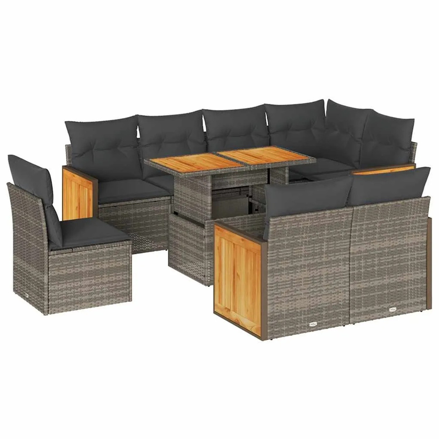 vidaXL 9-teilige Garten-Sofagarnitur aus Poly-Rattan und Akazienholz in Grau mit Kissen - Bild 2
