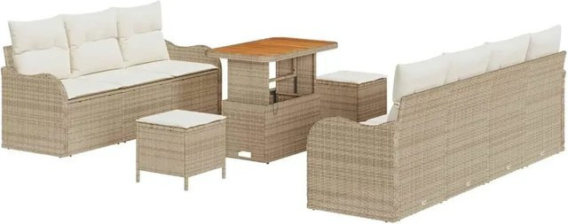 vidaXL 10-teiliges Garten-Sofa-Set aus Poly Rattan und Akazie in Beige mit Kissen und Esstisch - Bild 1