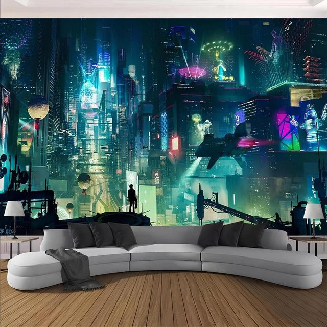 Cyberpunk Nachtstadtansicht Wandteppich mit Anime Landschaft und Neonschildern von JMG Household Supplies, Mehrfarbig, Breite: 70 cm, Höhe: 100 cm - Bild 1