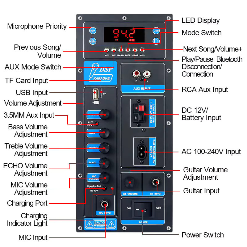 VIRE Bluetooth Verstärkerplatine mit DSP für 8-18 Zoll Trolley Lautsprecher, 60W Mono Stereo Audio Amp Modul, Schwarz - Bild 2