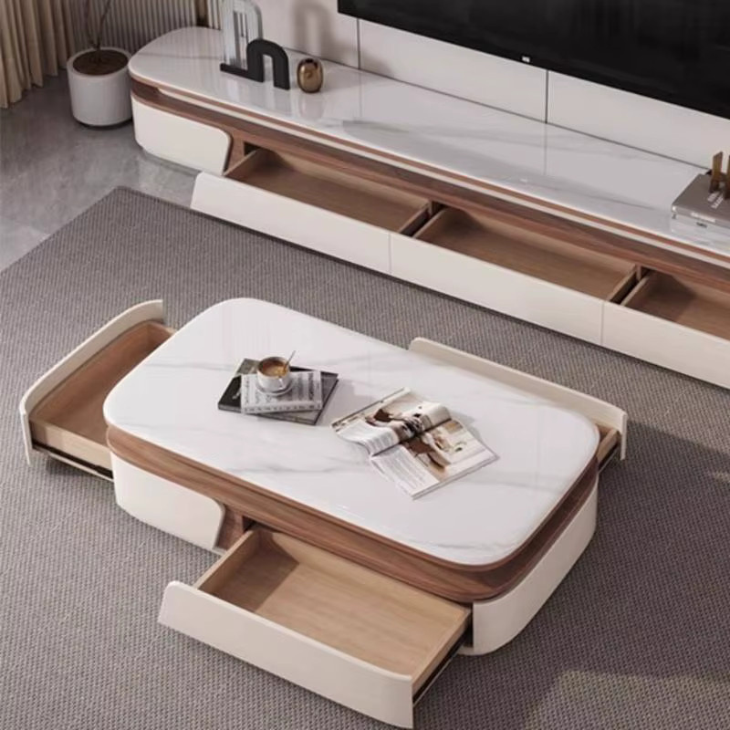 ZHIO Designer-Couchtisch aus Glas in Weiß mit grauer Schublade und Aufbewahrung für dein Wohnzimmer - Bild 2