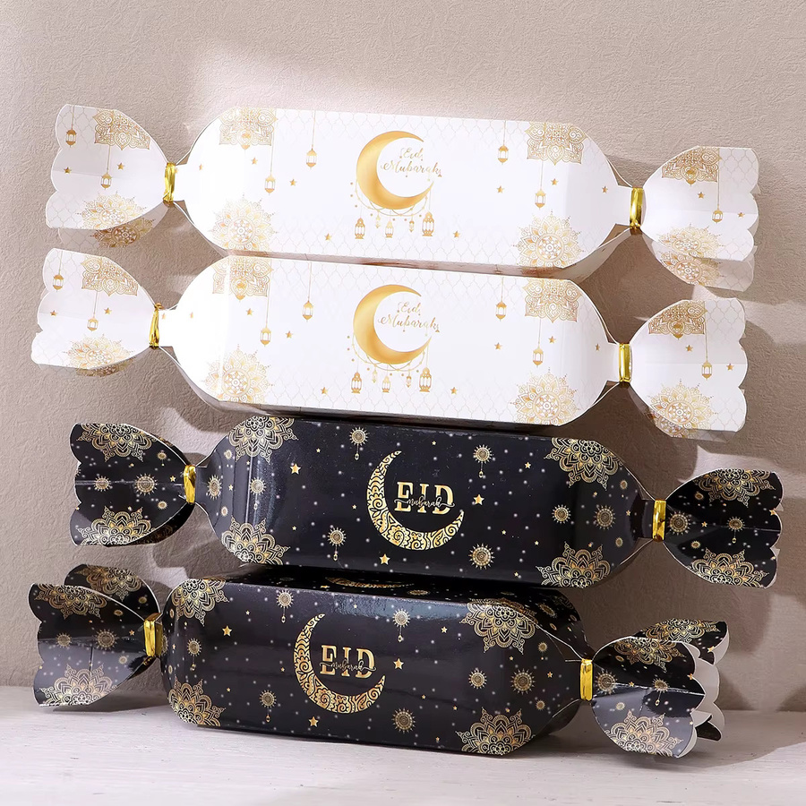 5 luxuriöse Eid-Geschenktüten mit goldenen Hängelaternen-Designs und Bandverschluss in Gold und Weiß für Datteln, Süßigkeiten und kleine Geschenke - Bild 4