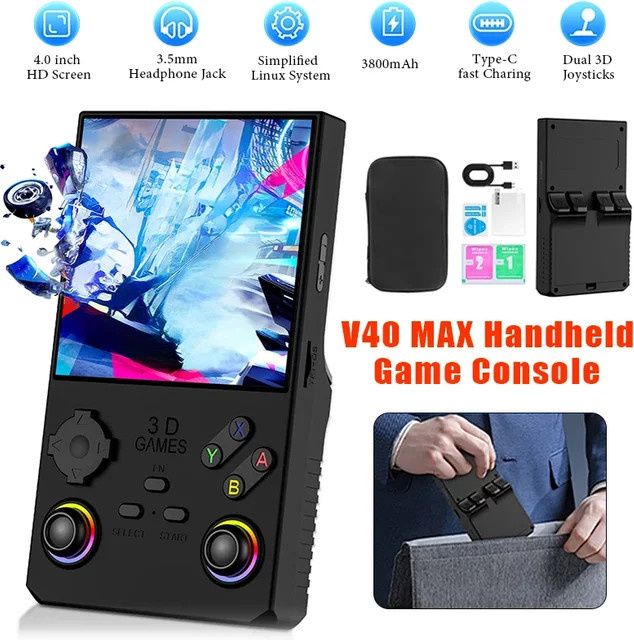 luxuglow V40 MAX Handheld-Spielekonsole in Blau mit 4-Zoll-IPS-Bildschirm, 4000 mAh Akku, Joystick, RGB-Lichteffekt und 256 GB Speicher für über 40000 Spiele - Bild 1