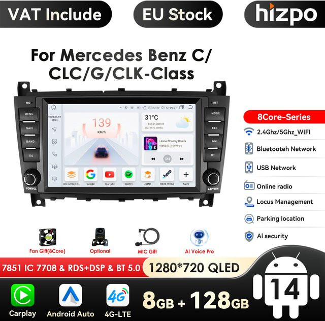 Hizpo 8 Zoll Android Auto Multimedia Player für Mercedes Benz C-Klasse W203 C180 C200 mit GPS, Carplay und 4G, Schwarz - Bild 1