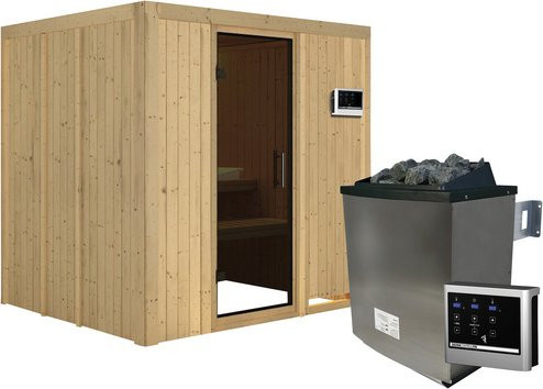 Karibu Sauna Rakvere aus Fichtenholz mit 9 kW Saunaofen und externer Steuerung für 3 Personen, Farbe: beige/grau, B/T/H: 198 x 170 x 196 cm - Bild 1