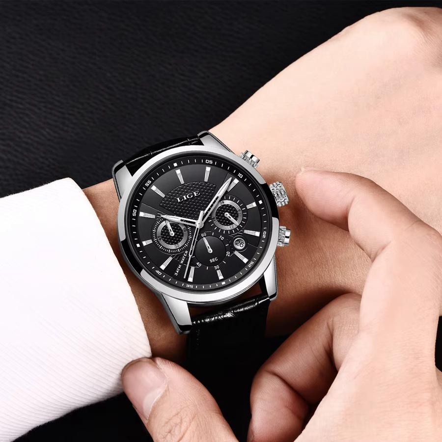LIGE Armbanduhr Herren, Quarz, Leder, Schwarz, 3 ATM - Bild 5
