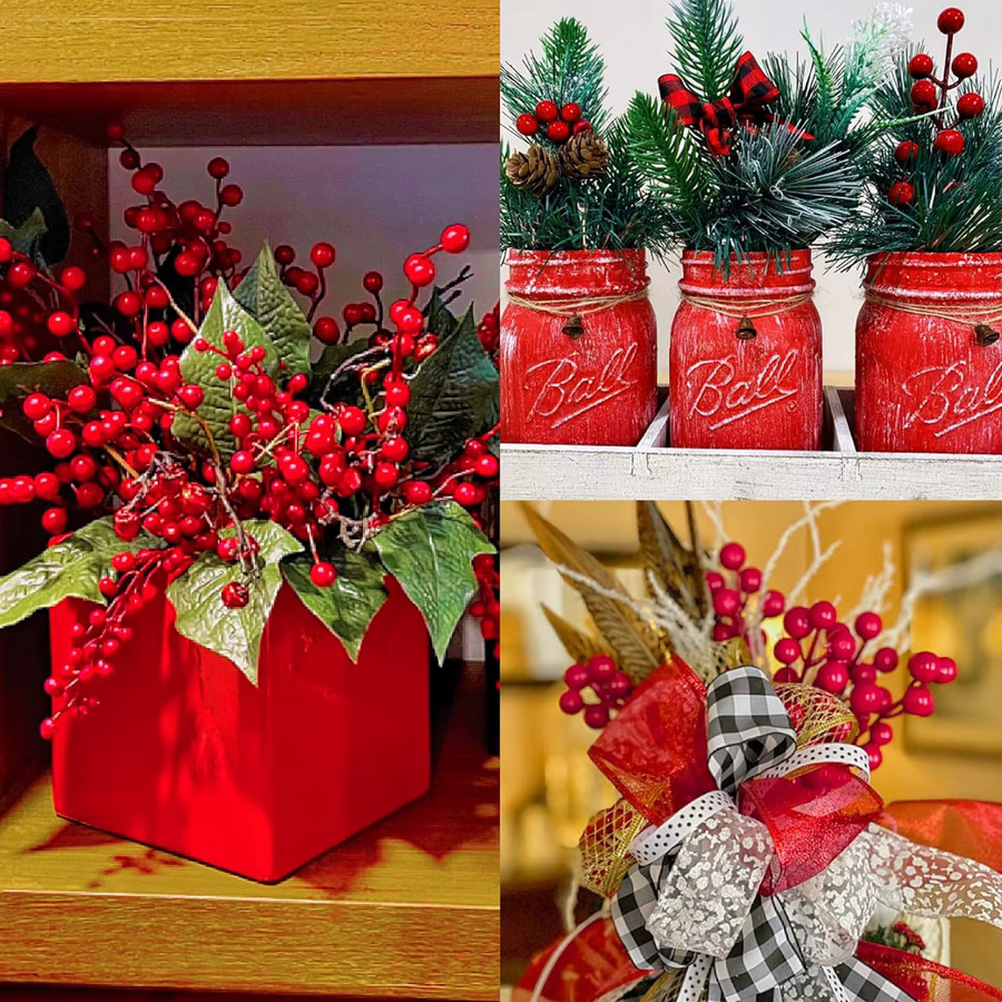 Künstliche Pflanze Holly Little Red Fruit in Rot und Grün für Weihnachtsdekoration und Hochzeitsdeko - Bild 2