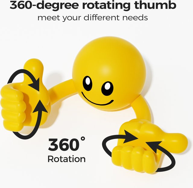 Kreativer Smiley Handy und Tablet Ständer aus Kunststoff in Gelb mit drehbarer Daumen-Handfunktion für Desktop-Deko - Bild 1