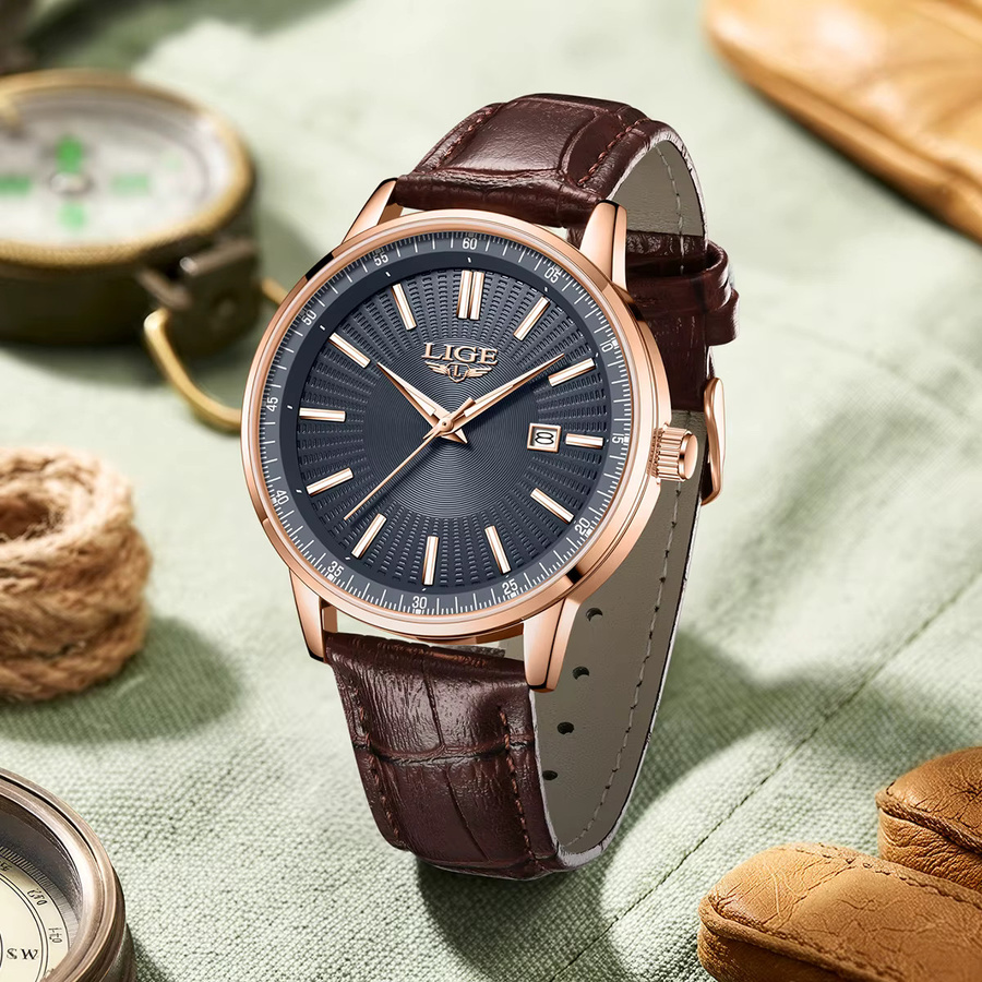 LIGE Armbanduhr Quarz, Leder, Schwarz, Roségold, Herren - Bild 3