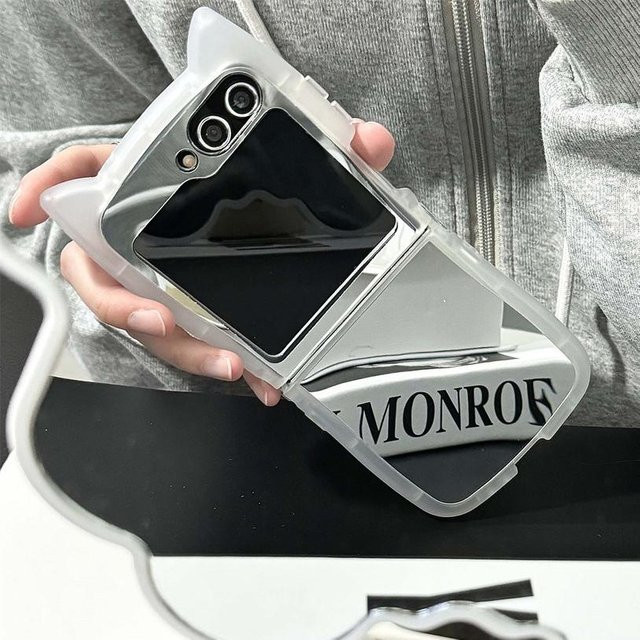 Samsung Galaxy Z Flip 6 5 4 3 Schutzhülle mit Cartoon-Katzenohren und Spiegel, transparent, ultra dünn und stoßfest - Bild 1