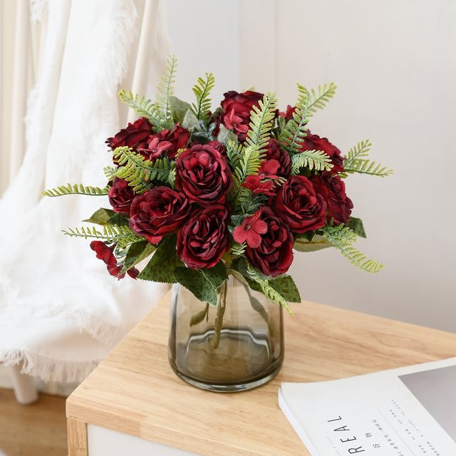 ZQCY Künstliche Rosen in einer Glasvase als Tischdekoration in Pink und Rot für Hochzeit und Valentinstag - Bild 1