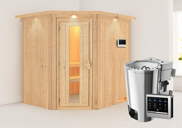Karibu Sauna Livia mit Bio-Ofen, externe Steuerung, LED-Dachkranz, Natur/Braun, B/T/H: 196 x 170 cm - Bild 1