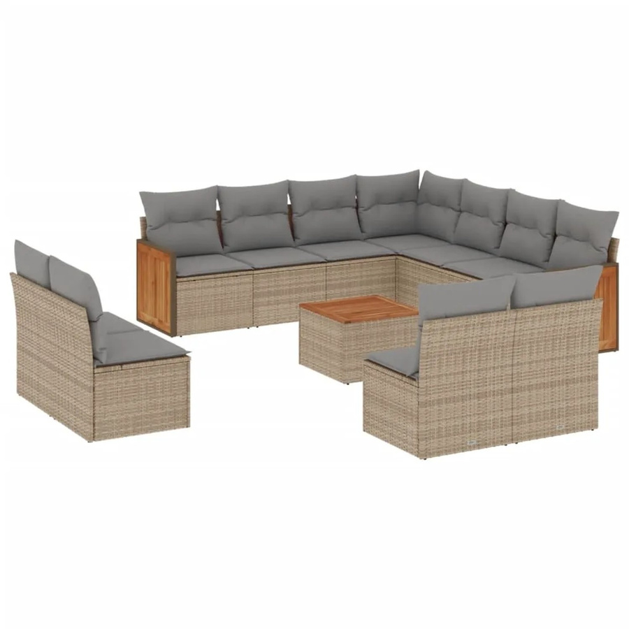 vidaXL 12-tlg. Garten-Sofagarnitur in L-Form aus Poly-Rattan und Akazienholz mit Kissen in Beige - Bild 2
