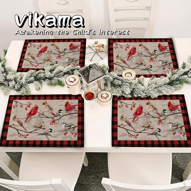 VIKAMA 4-teiliges Vintage-Tischset-Set mit Vogeltweig und Karomuster, quadratisch, maschinenwaschbar, Breite: 40 cm x Tiefe: 40 cm - Bild 1