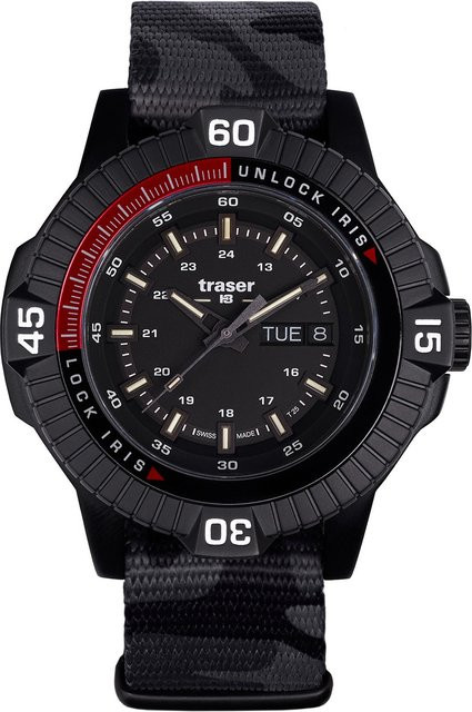 Traser Herrenuhr, Quarz, Edelstahl, 46 mm, Textil/NATO, Schwarz, 10 ATM - Bild 1