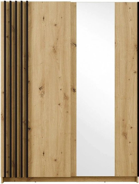 Vente-unique Kleiderschrank Calela Modern mit Schiebetüren und Spiegeltüren in Natur, Schwarz und Braun, B/T/H: 150,5 x 62,0 x 198,5 cm - Bild 1
