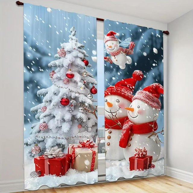2-teiliges Set Weihnachtsvorhang mit Weihnachtsmann-Motiv in Rot, Polyester, semi-transparent, B: 50 cm, H: 130 cm - Bild 1
