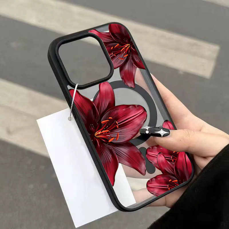 MagSafe Magnet-Schutzhülle mit roten Lilienblüten für iPhone 17 Pro Max, 16, 15, 14, 13, 12, 11 Pro und Plus in Rot und Orange - Bild 1