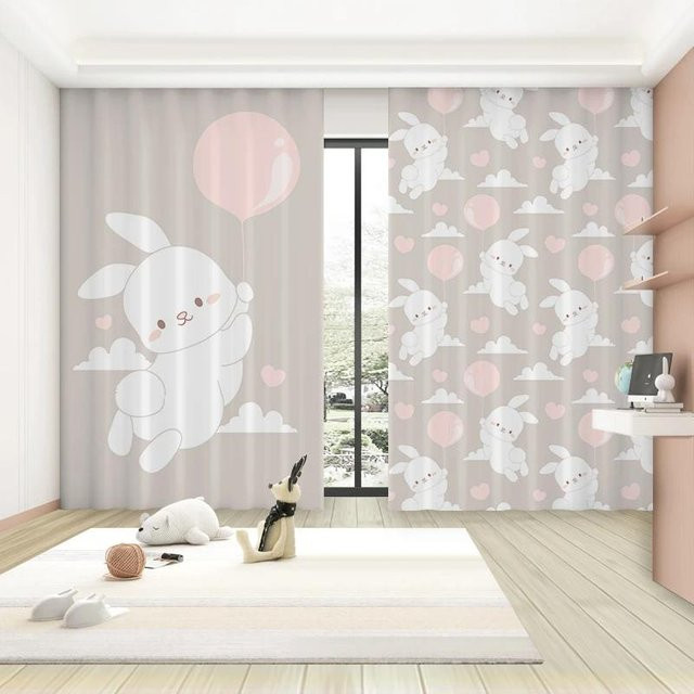 Yiran Furniture Verdunkelungsvorhänge Rosa mit Hase und Mond Motiv, Breite: 55 cm, Höhe: 185 cm - Bild 1