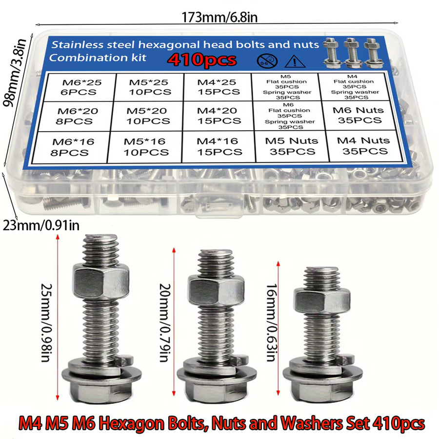 MIVM Sechskantschrauben Set aus Edelstahl mit Muttern, Unterlegscheiben und Federscheiben in den Größen M4, M5 und M6 - Bild 2