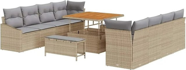 vidaXL 11-teiliges Garten-Sofa-Set in U-Form aus Polyrattan und Akazie mit Kissen in Beige und Grau - Bild 1