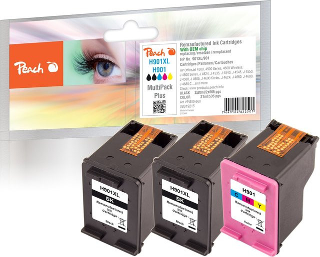 Peach HP 901 XL Druckkopf-Set für Inkjet-Drucker, 3 Stück (2x Schwarz, 1x Multicolor), wiederaufbereitet, kompatibel mit HP OfficeJet 4500 und HP OfficeJet 4500 Wireless - Bild 1