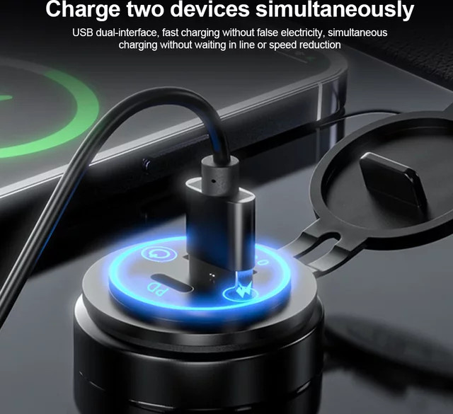 kebidumei USB-Autoladegerät-Adapter mit QC3.0 und PD 30W, Mehrfach-Port-Steckdose mit Schalter, wasserdicht, Schwarz, 12V/24V für Autos, Boote, Motorräder und LKW - Bild 1