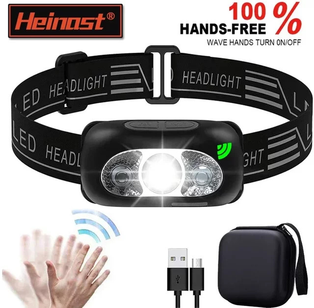 Heinast Mini LED Stirnlampe mit Bewegungssensor, Wasserdichte Camping-Taschenlampe für Outdoor und Angeln, Schwarz - Bild 1
