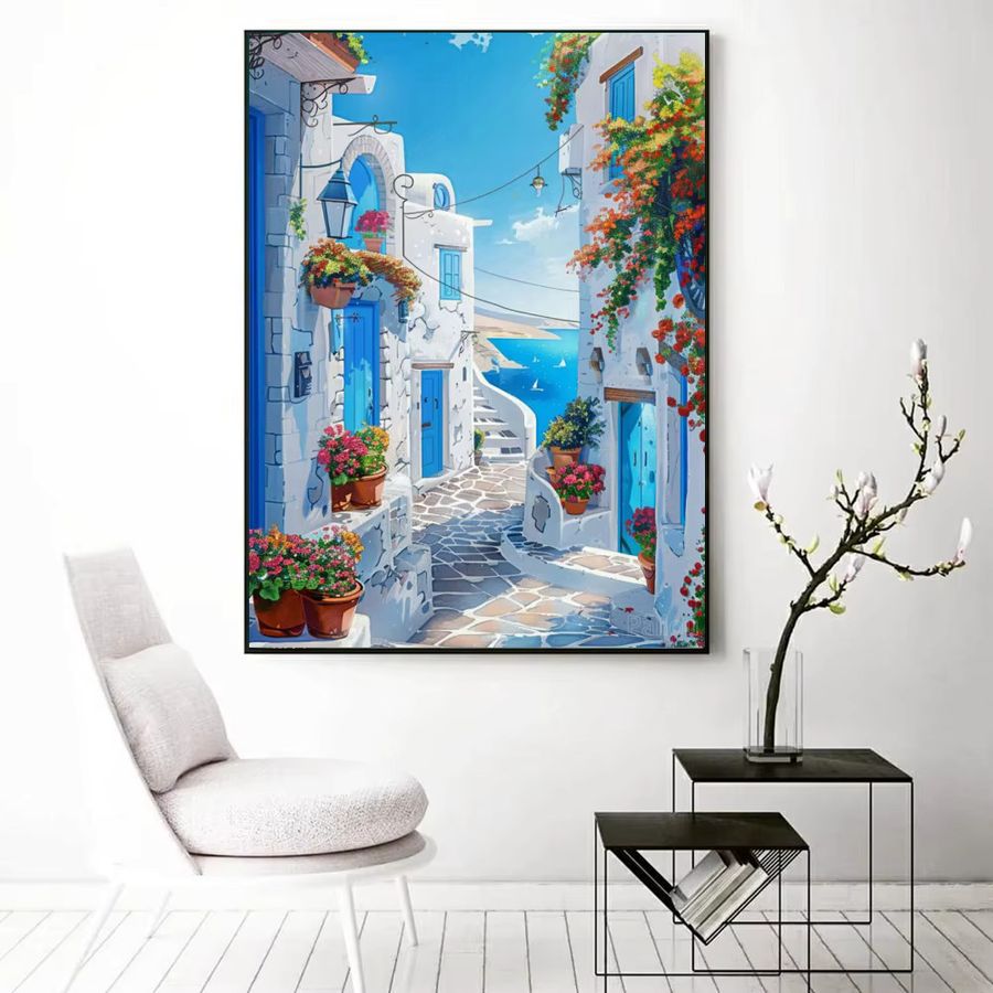 DIY Diamantmalerei Ägäis Landschaft Santorini und Mykonos mit blauen Motiven und runden 5D Diamanten von Potdemiel - Bild 2