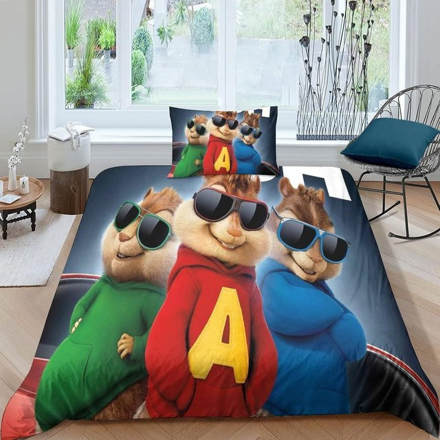 Alvin und die Eichhörnchen Bettwäsche-Set mit 3D-Cartoon-Motiv, Bettbezug und Kissenbezug aus Mikrofaser, Mehrfarbig, B/H: 135 x 200 cm - Bild 1