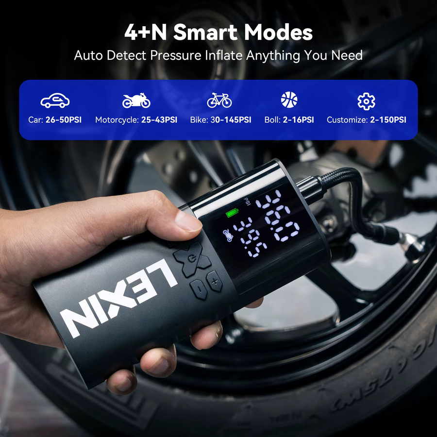 Lexin P4 Intelligente Luftpumpe in Schwarz mit 4000 mAh Akku, digitalem LED-Display und voreingestelltem Druck für Motorräder, Fahrräder und Boote - Bild 3