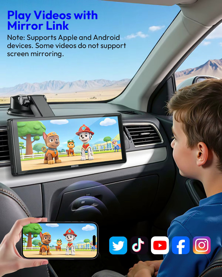 ESSGOO Tragbare kabellose Carplay und Android Auto Halterung mit Bluetooth und FM-Transmitter in Schwarz, 10,26 Zoll - Bild 4