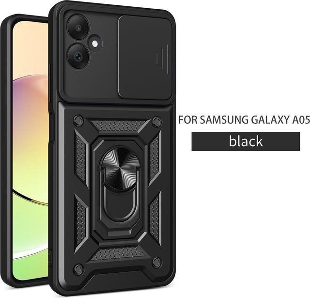Magnetische Schutzhülle für Samsung Galaxy A05 mit Kameraobjektiv-Abdeckung und Ring-Ständer in Schwarz oder Gold - Bild 1