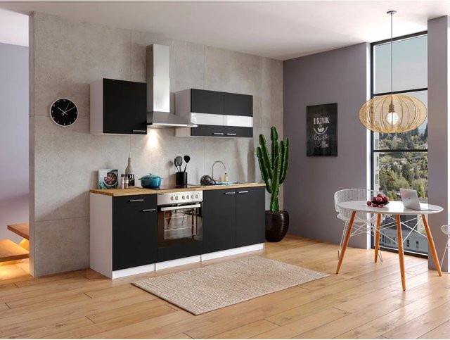 Respekta Küchenzeile KB210WSC modern in Schwarz-Weiß mit Glastüren und Soft-Close-Funktion, Breite: 210 cm, Tiefe: 60 cm, Höhe: 141,1 cm - Bild 1