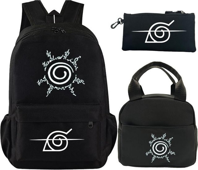 CRAZY FLY HS1 Anime Naruto Schulranzen-Set aus Canvas in Schwarz bestehend aus Rucksack, Brotdose und Federmäppchen für Kinder und Teenager - Bild 1
