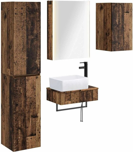 vidaXL Badezimmermöbel-Set 5-teilig aus Altholz und Glas in Braun mit LED-Beleuchtung und Spiegelschrank - Bild 1