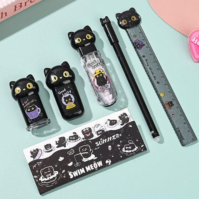 6-teiliges Cartoon-Katzenpfoten-Schreibwarenset von House of Novelty in Pink mit Gelstift, Korrekturband, Notizblock und Lineal - Bild 1