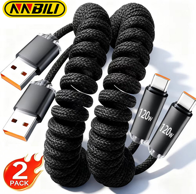 NNBILI 2er-Set USB-C Schnelllade-Datenkabel mit 120 W Teleskopfunktion für Samsung, Xiaomi und Huawei, Farben: Rot und Schwarz, Länge: 1 m und 2 m - Bild 1