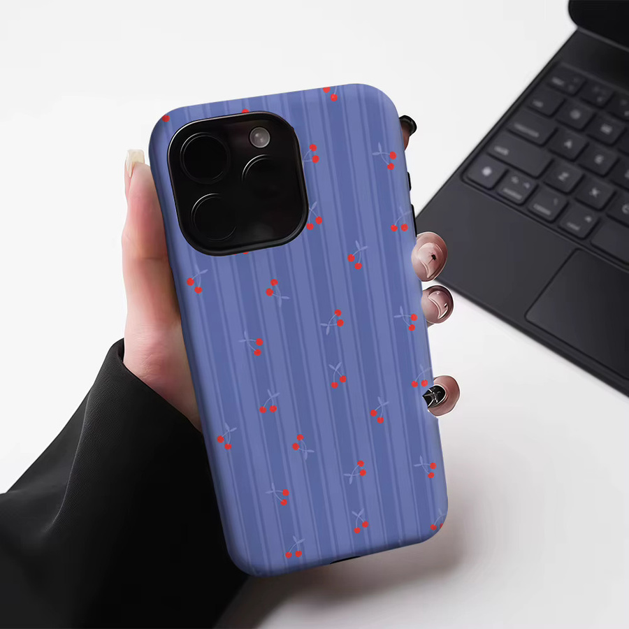 Potdemiel Handyhülle mit Kirschstreifen für iPhone 17 16 15 14 13 Pro Max Plus, Blau/Rot, robuste doppelschichtige Hülle mit Magnetfunktion - Bild 4